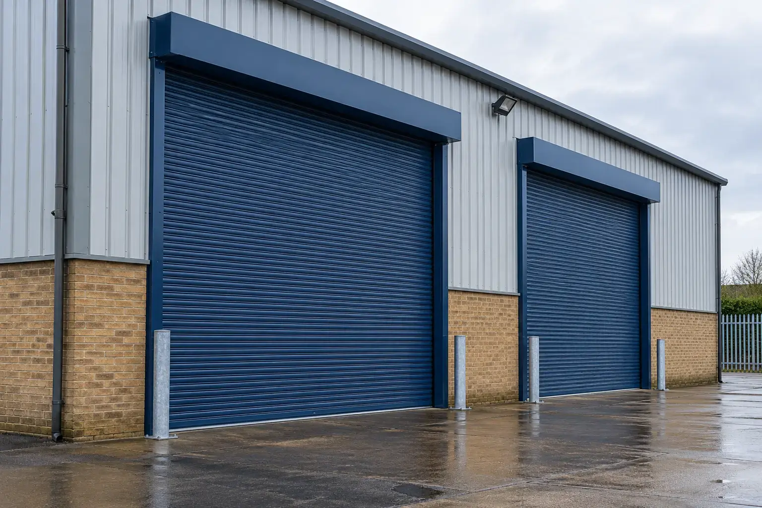 Closed blue shutters at a Kent factory
