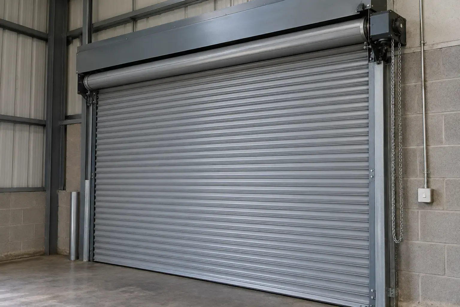 Closed industrial roller shutter with manual chain