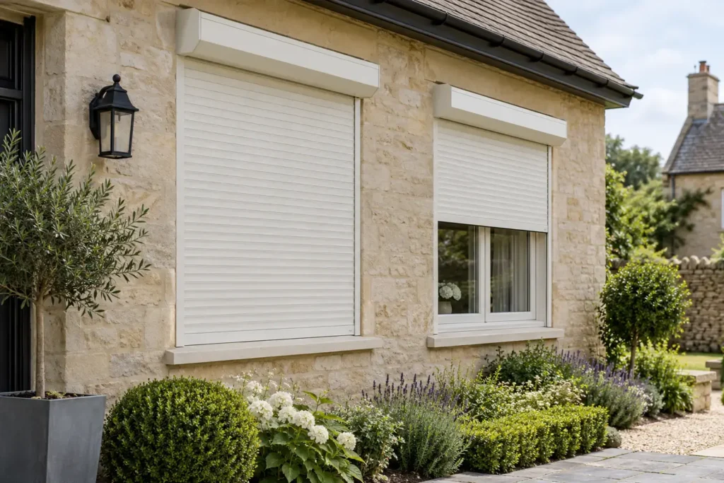 Cream roller shutters on a Dorset home