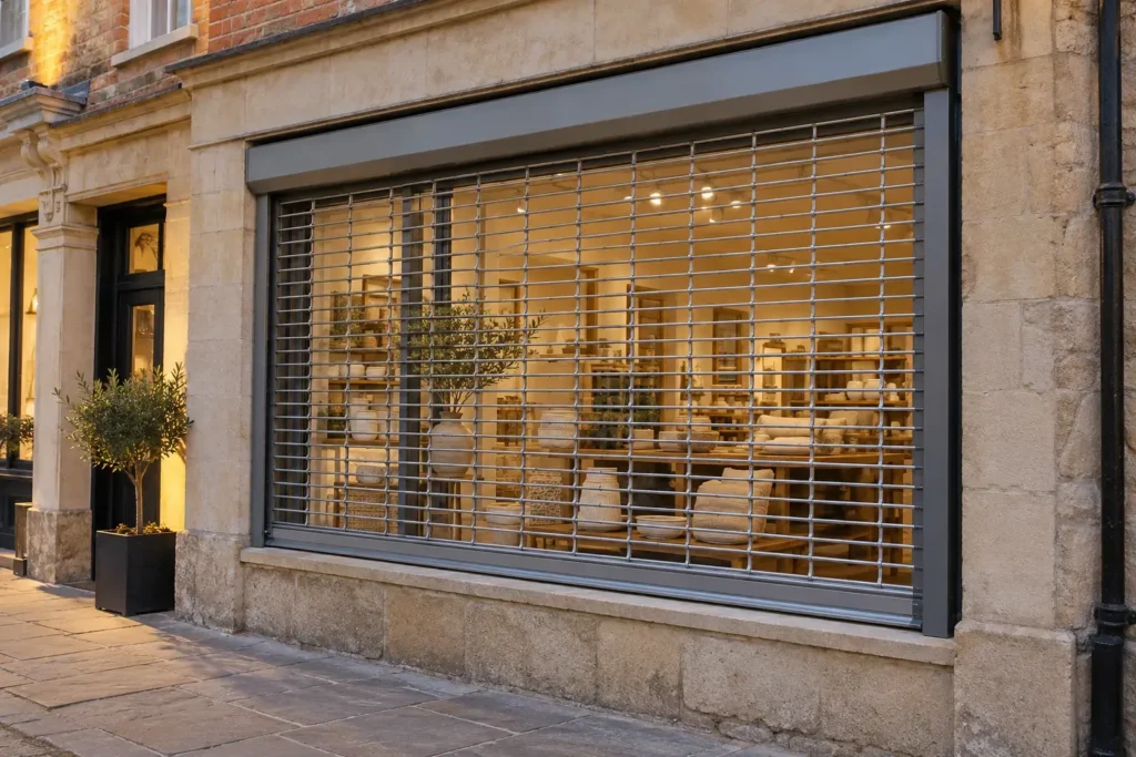 Dorchester Shopfront Security Grille at Dusk