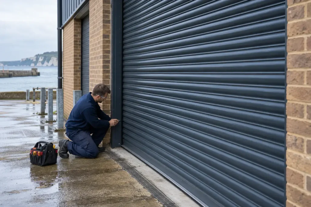 Engineer Inspecting Coastal Roller Shutter