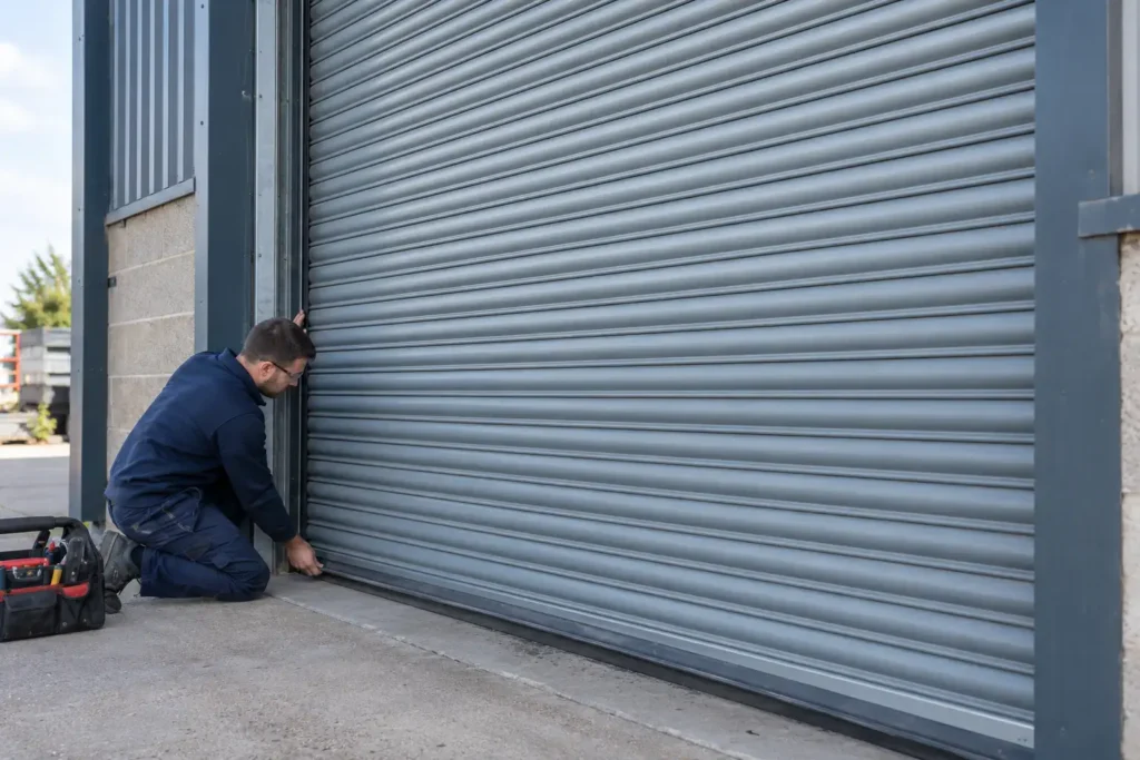 Engineer Inspecting a Grey Roller Shutter