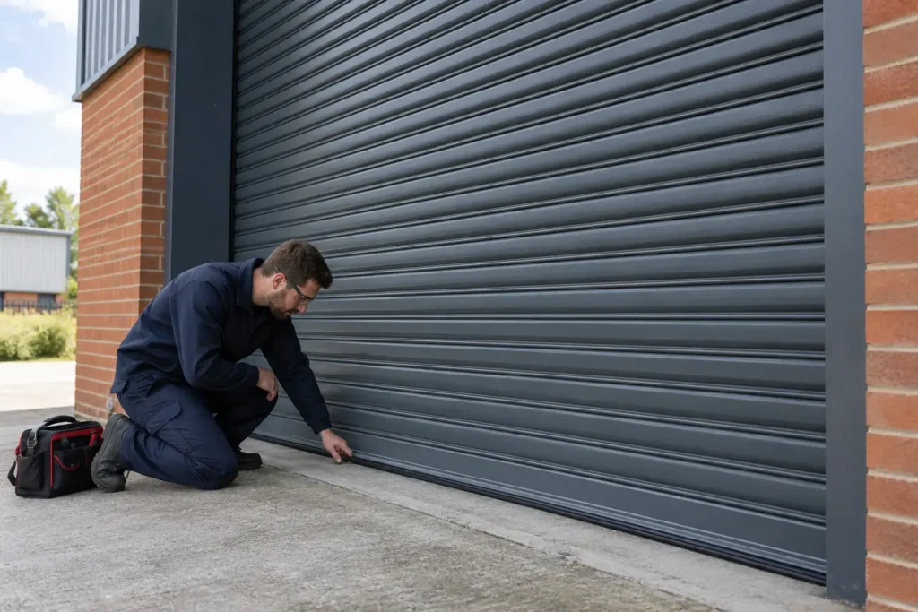 Engineer Inspects Industrial Roller Shutter Rail
