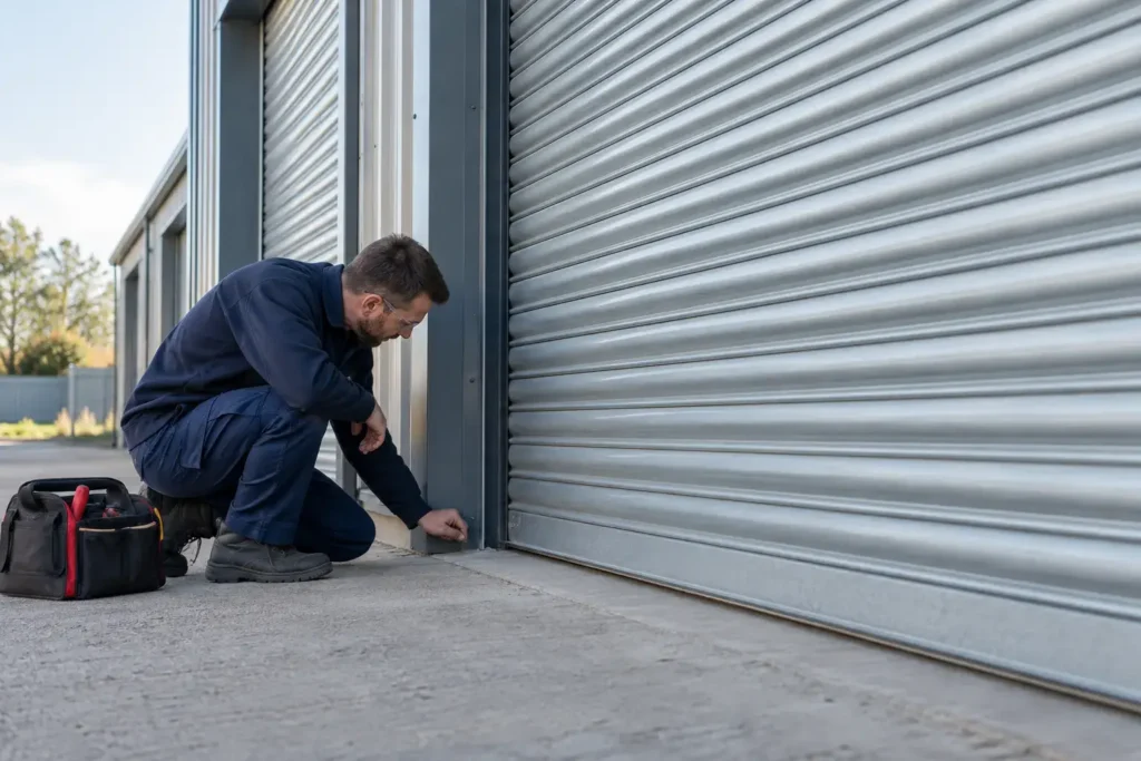 Engineer Inspects a Silver Roller Shutter