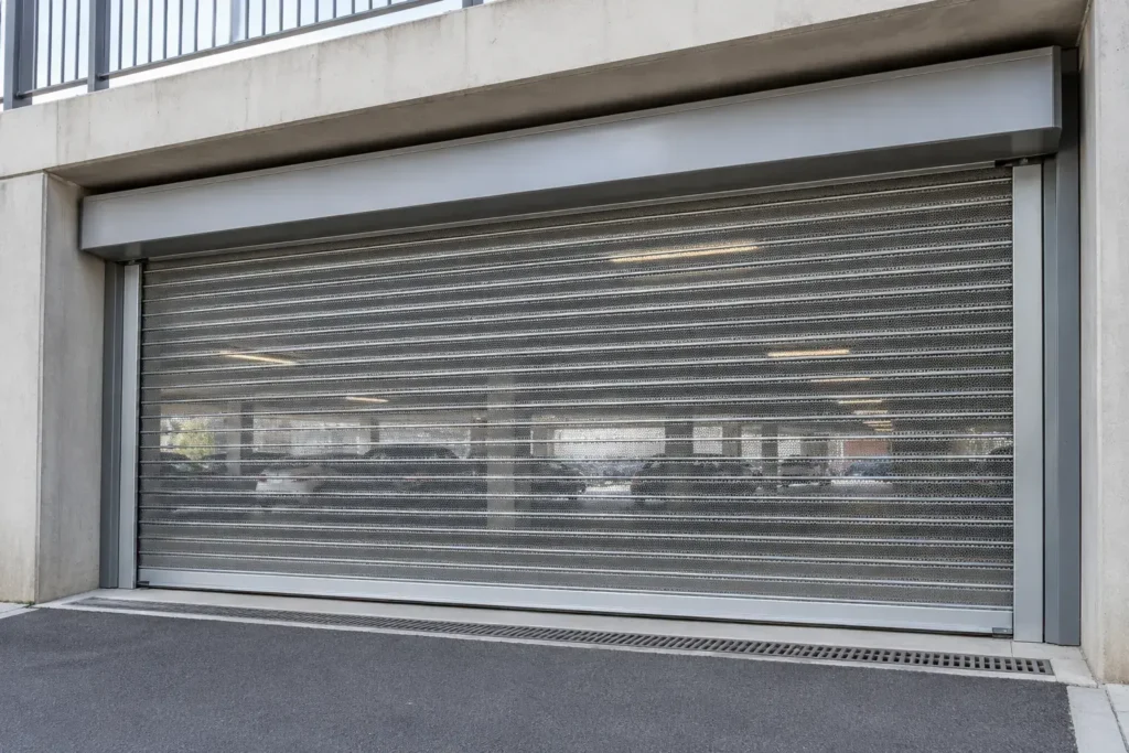Perforated roller shutter car park entrance