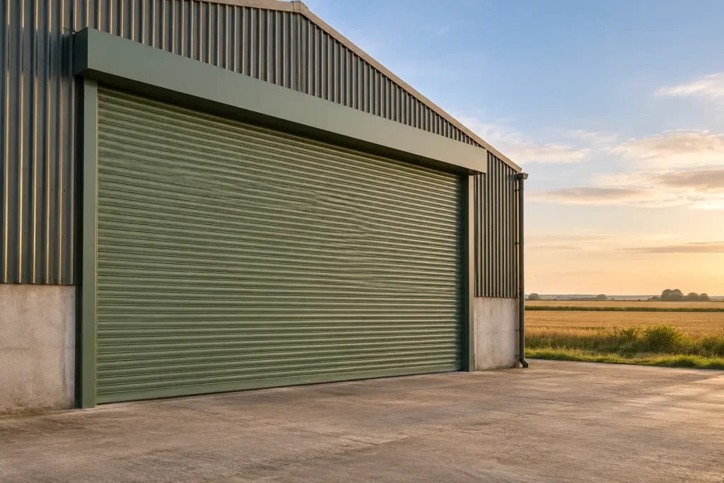 Sage-green roller shutter, Essex grain store