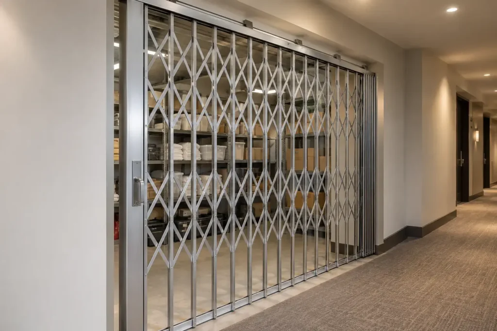 Silver Security Grille in Hotel Corridor