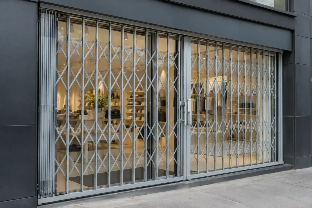 Silver security grille across shopfront