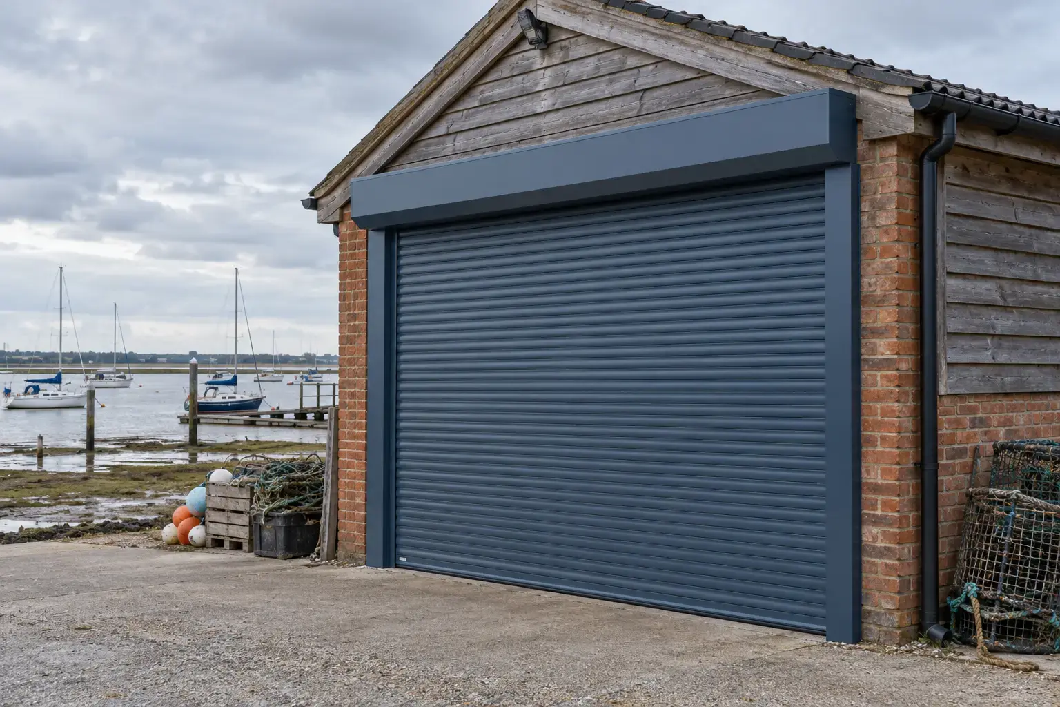Slate-Blue Roller Shutter by the Estuary