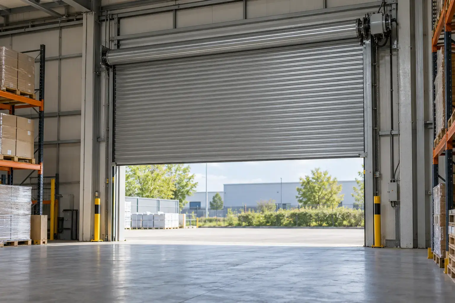 Warehouse loading bay with raised roller shutter
