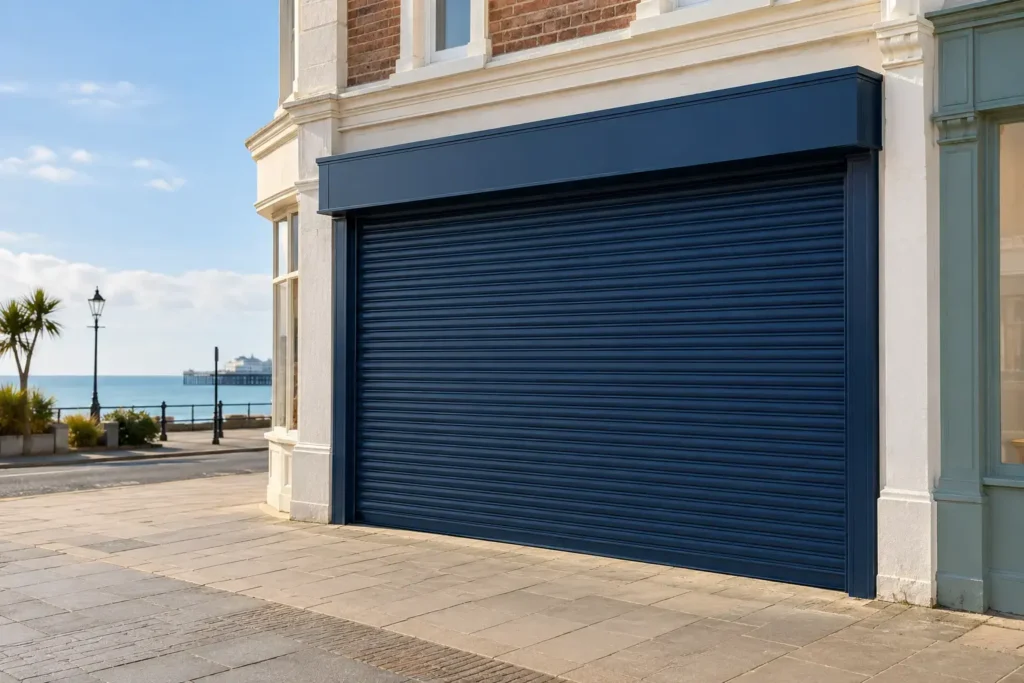Worthing shop with dark blue shutter